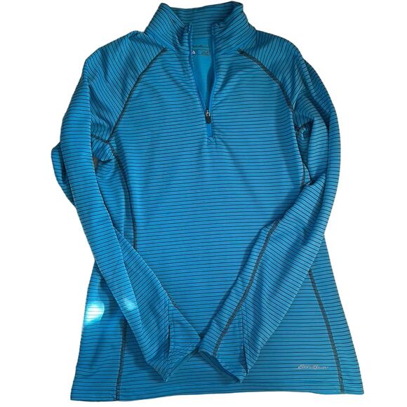 Eddie Bauer Free Heat Pro Quarter Zip Blue Gray Striped Medium Thumb Holes - Picture 5 of 9